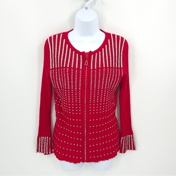 Radzoli Beaded Ribbed Sweater Long Sleeve Holiday Party Vegas Bling Red Large - Picture 1 of 16